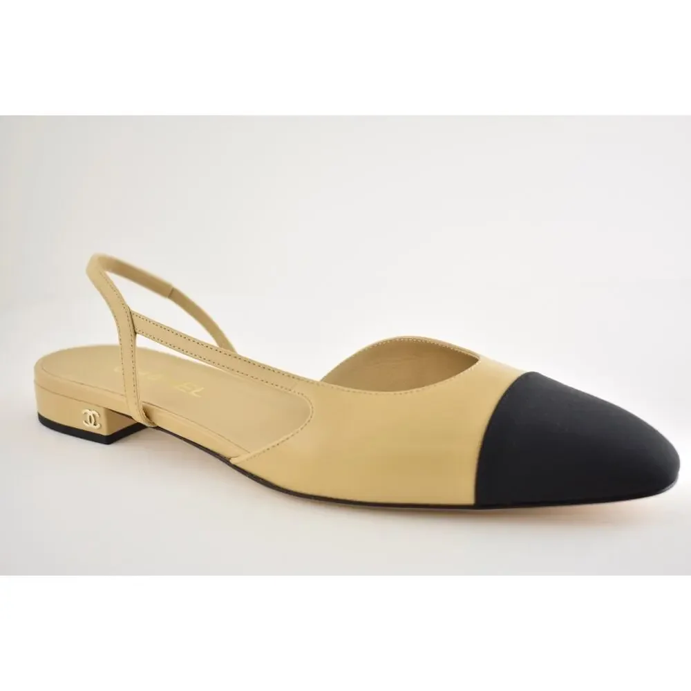 Chanel REV Beige Leather Black Cap CC Logo Coco Sling Slingback Ballet Flat 42.5
